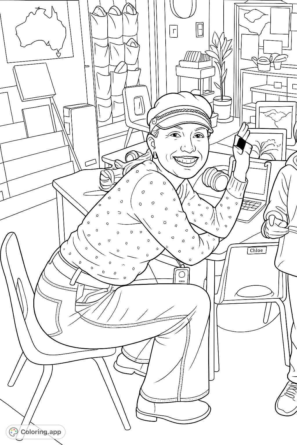 A cheerful person with a cap and patterned shirt sits at a classroom desk, surrounded by books and learning tools. A warm, engaging scene ready for color.