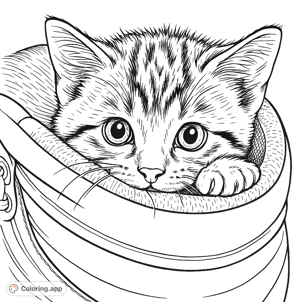 A charming tabby kitten nestled snugly inside a shoe. This adorable kitten coloring page is perfect for animal lovers of all ages, offering a delightful scene to bring to life.