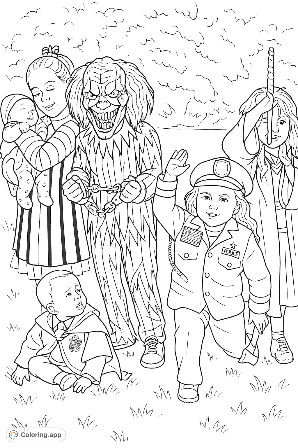 A fun Halloween coloring page featuring a group of kids dressed in various costumes including a clown, police officer, and wizards, ready for spooky fun.