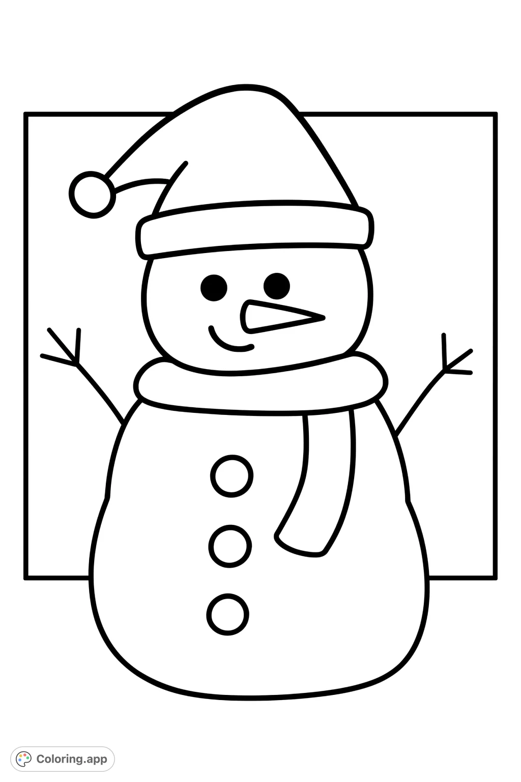 A cheerful snowman coloring page, featuring a hat, scarf, and stick arms, ready for winter fun. Perfect for young artists.