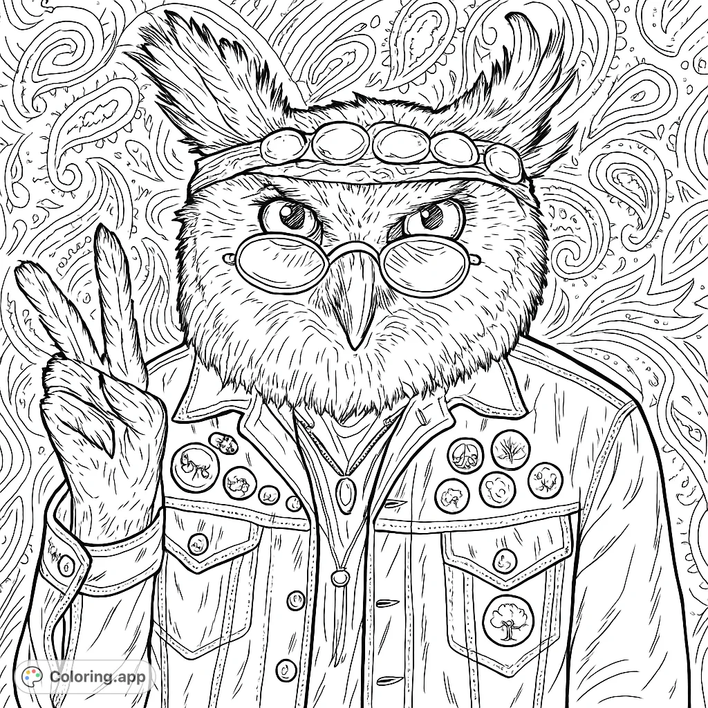 An intricately detailed owl sports cool glasses, a bandana, and a jacket with pins, making a peace sign against a swirling patterned background.