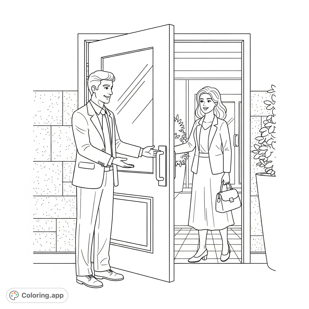 Discover a charming kindness coloring page depicting a man holding a door for a woman, a perfect free printable for learning good manners and compassion.