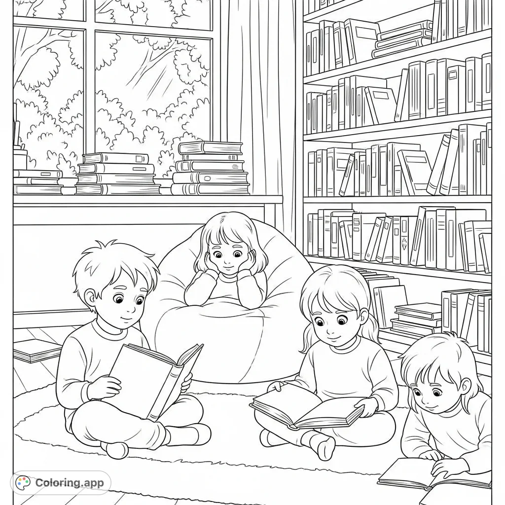 A heartwarming scene of children captivated by stories, surrounded by books and cozy elements, fostering a love for reading. Perfect for young minds.