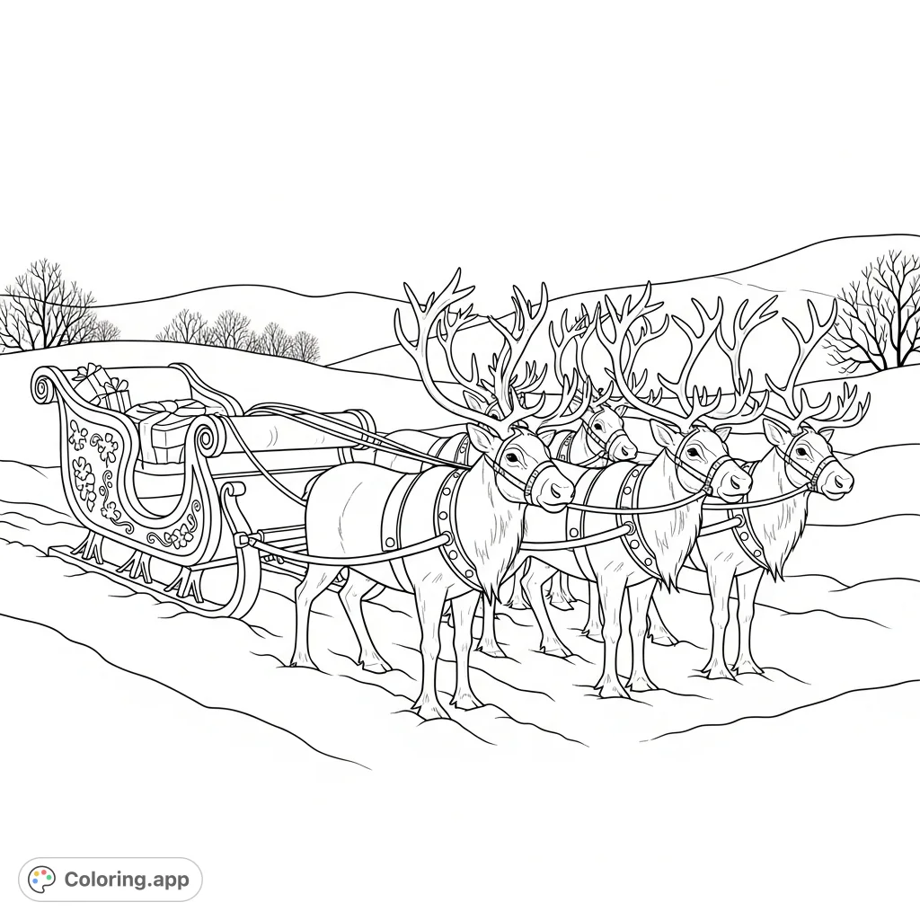 A detailed Christmas sleigh pulled by reindeer, nestled in a serene snowscape. A festive free printable Christmas sleigh coloring page for all ages to enjoy.