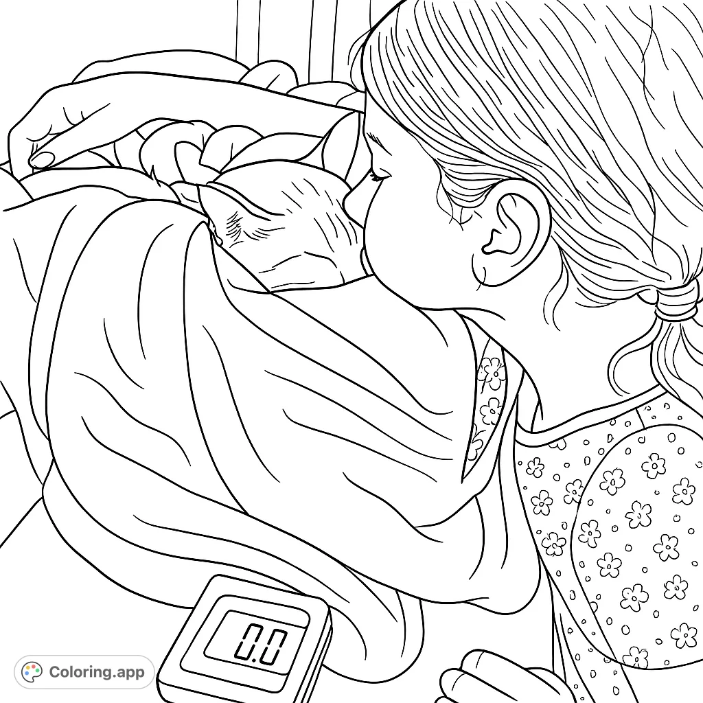 A heartwarming free printable kitten cuddle coloring page featuring a child gently embracing a tiny feline wrapped in a soft blanket, evoking tender moments.