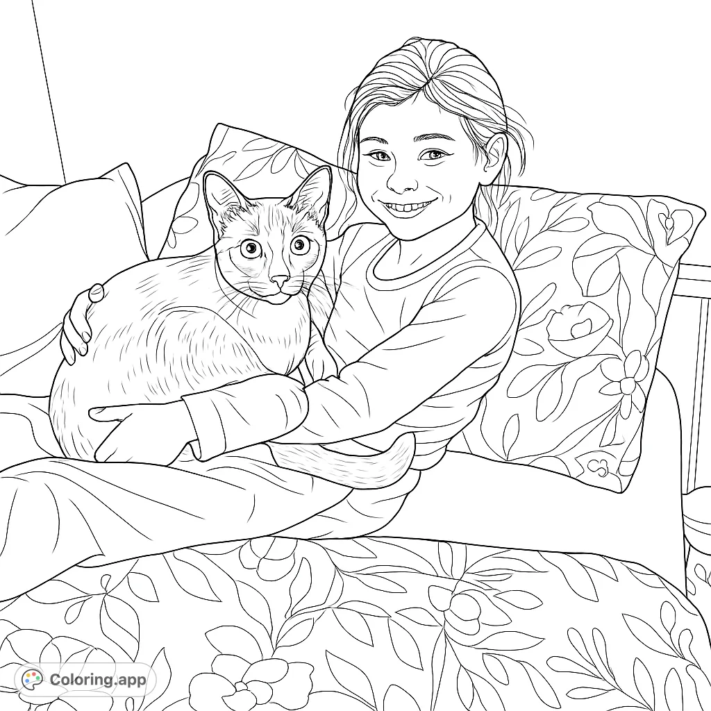 A heartwarming scene of a smiling girl cuddling her beloved cat in bed, surrounded by soft pillows and floral patterned bedding. Perfect for pet lovers.