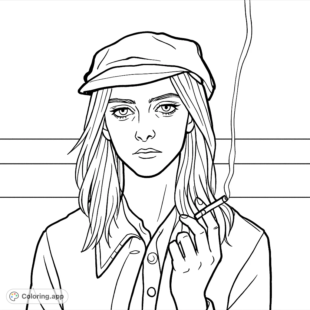 A striking portrait featuring a person in a cap and coat, holding a cigarette with a plume of smoke. Perfect for detailed coloring.
