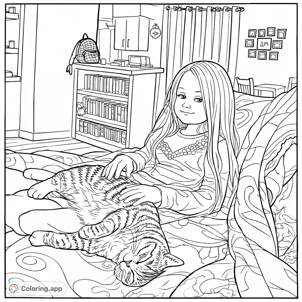 A heartwarming scene featuring a child and their pet feline relaxing together on a cozy couch, perfect for a peaceful coloring experience.