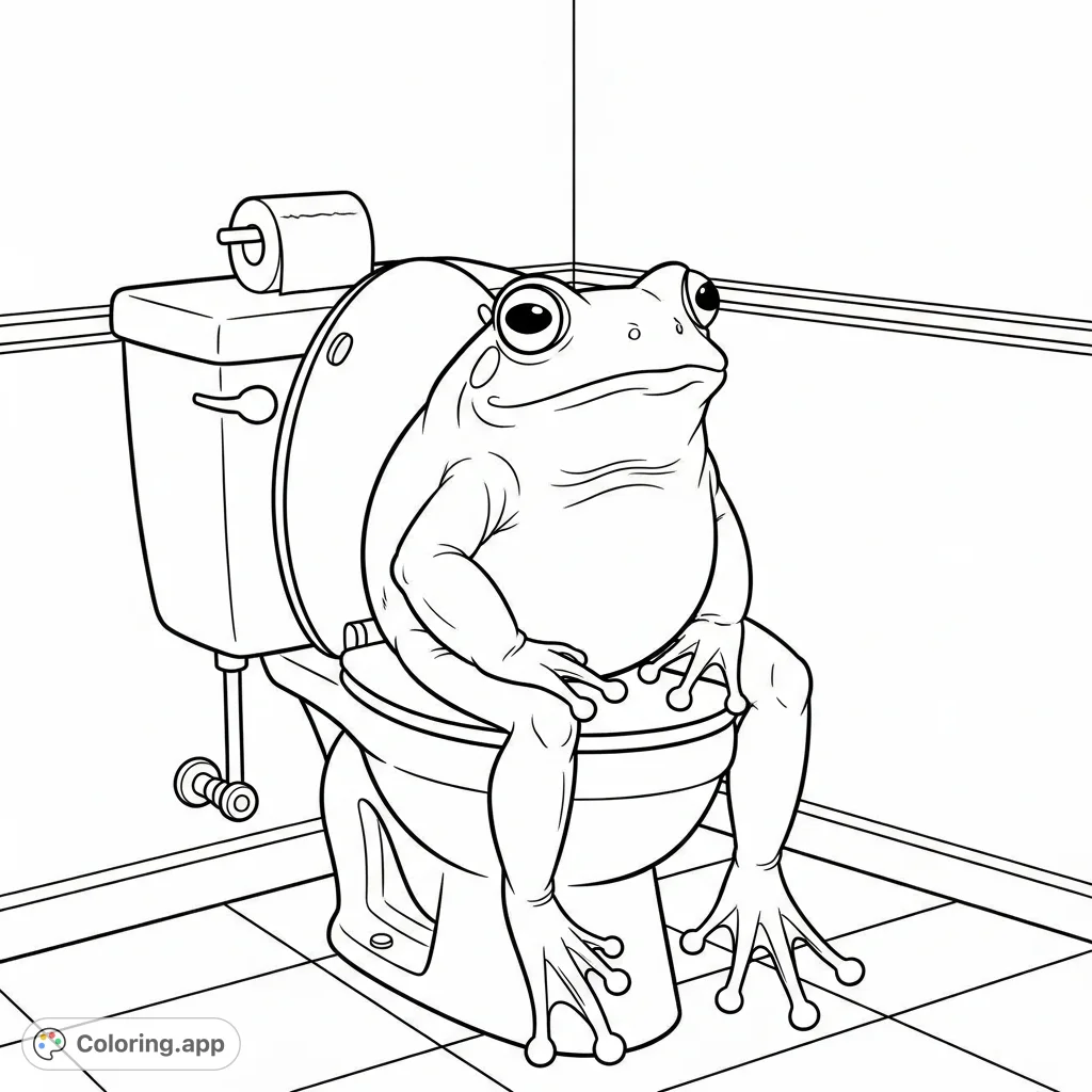 A humorous frog sits comfortably on a toilet, complete with a flusher and paper roll, set in a tiled bathroom. A whimsical scene for a funny coloring page.