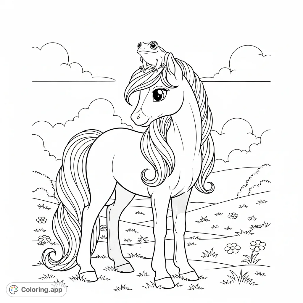 A charming pony with a frog companion on its head, set in a peaceful meadow. Perfect for nature and animal lovers seeking a serene coloring experience.