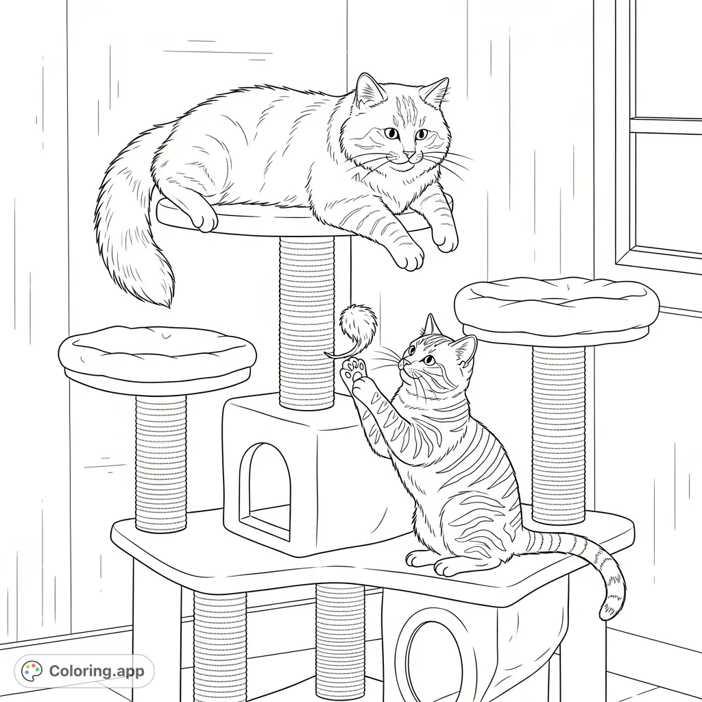 Discover Sully, a fluffy cat, and Prince, a striped cat, playing on a detailed cat tree. A charming scene for cat lovers to color.