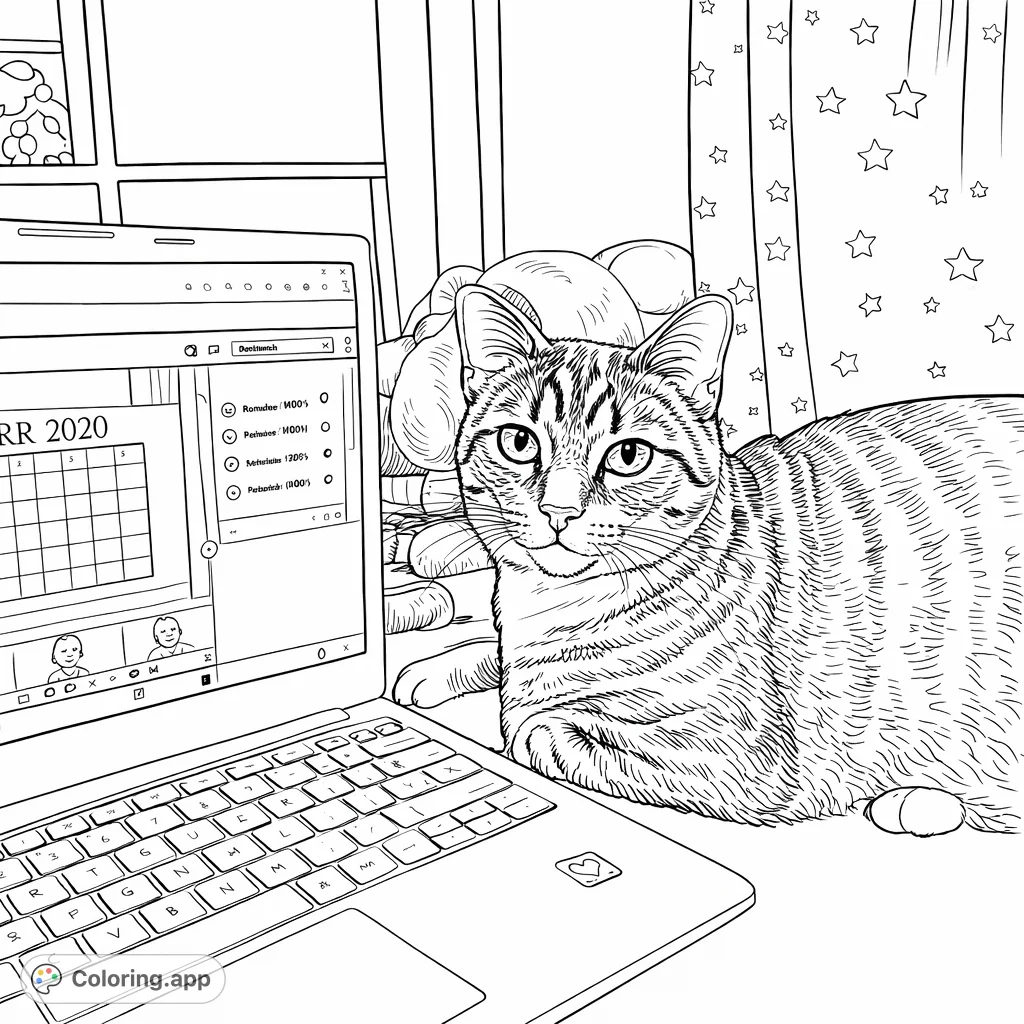 A charming cat rests beside a laptop, observing the scene. This cute cat coloring page offers detailed fur patterns and a cozy home office setting for creative fun.