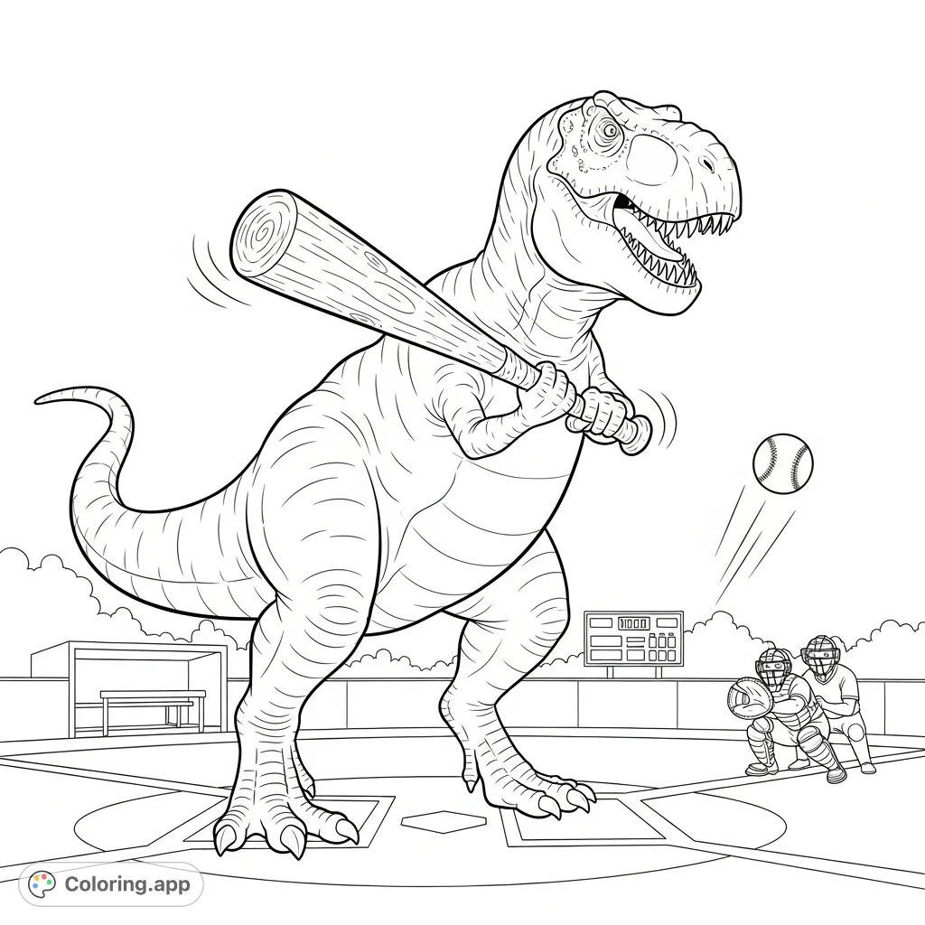 A humorous T-Rex coloring page depicting the prehistoric giant playing baseball, mid-swing with a massive bat on a lively field.