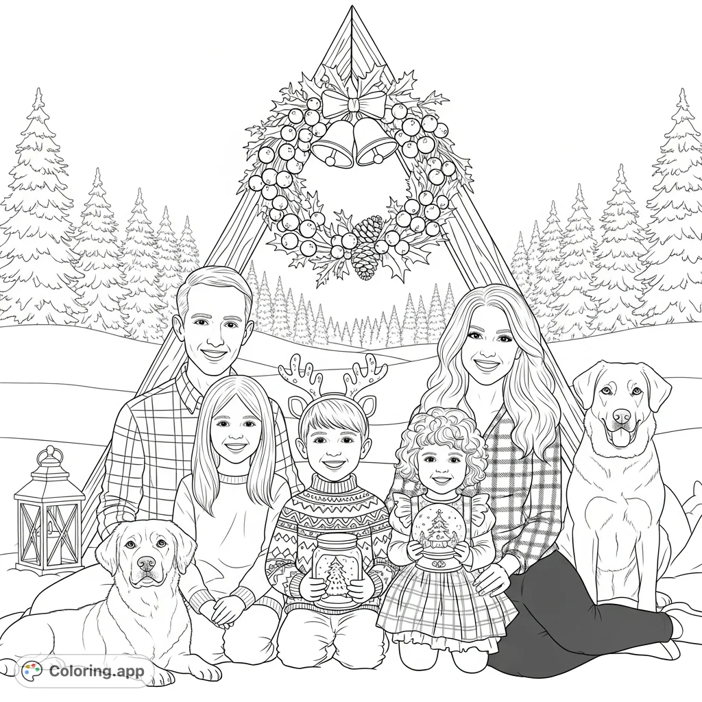 A heartwarming family portrait featuring two adults, three children, and two dogs against a cozy A-frame cabin and snowy landscape. Perfect for festive coloring.