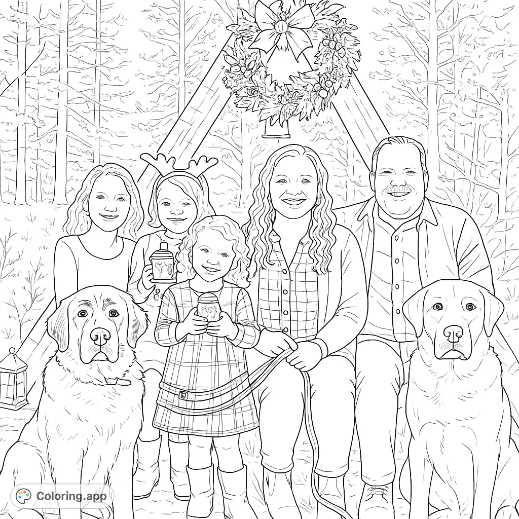 A heartwarming winter family portrait featuring a smiling family of five, two friendly dogs, and festive decorations in a snowy outdoor setting.