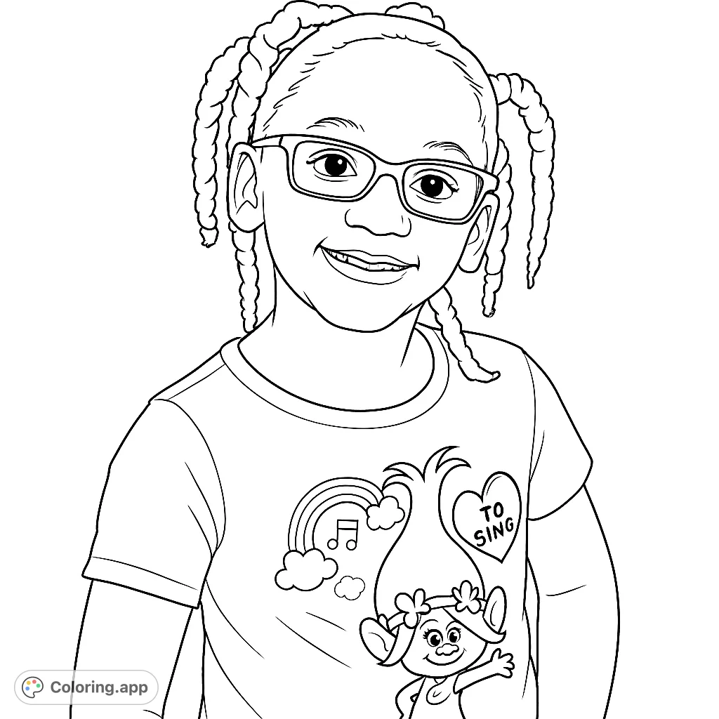 A delightful coloring page featuring a smiling girl wearing glasses and pigtails, with a fun graphic t-shirt. Perfect for young artists!