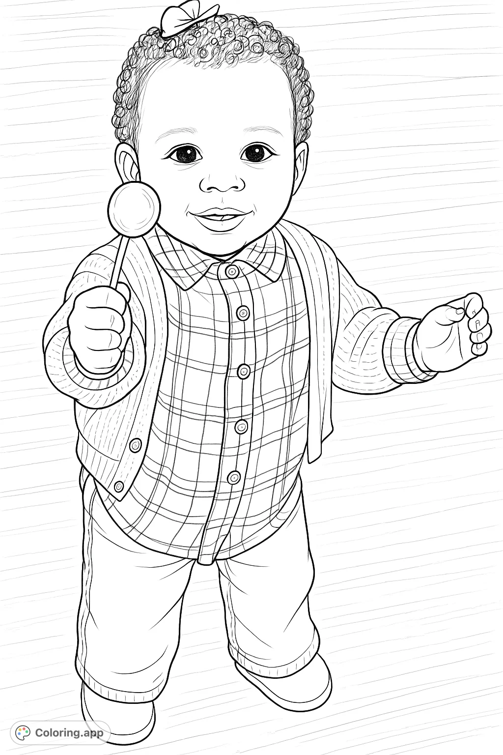 A delightful coloring page featuring a happy child holding a lollipop, dressed in a plaid shirt, cardigan, and jeans. Perfect for young colorists.