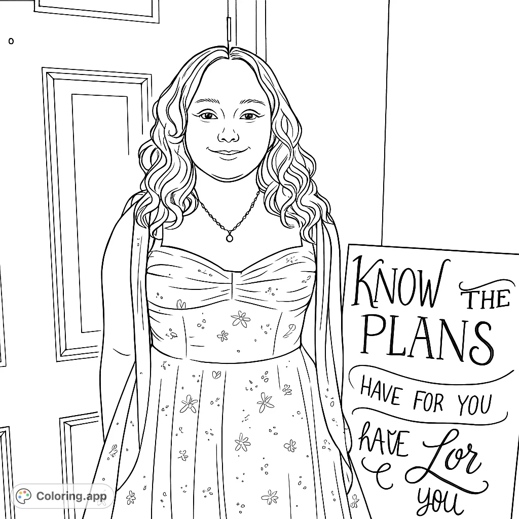 A charming portrait of a young person in an elegant patterned gown, standing near a decorative door and a chalkboard with inspiring text. Perfect for creative expression.