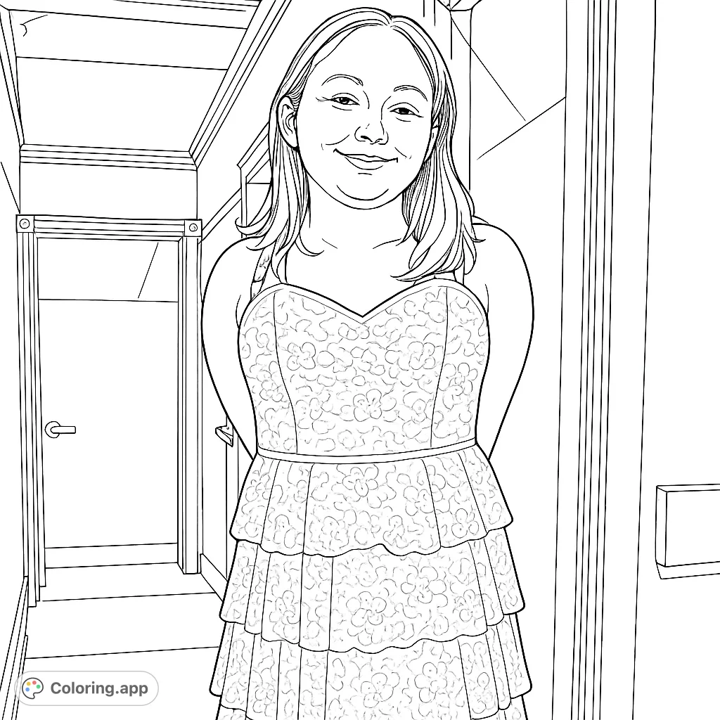 Capture the grace of a young person in an elegant, tiered lace dress. A beautiful portrait coloring page for intricate detail and fashion enthusiasts.
