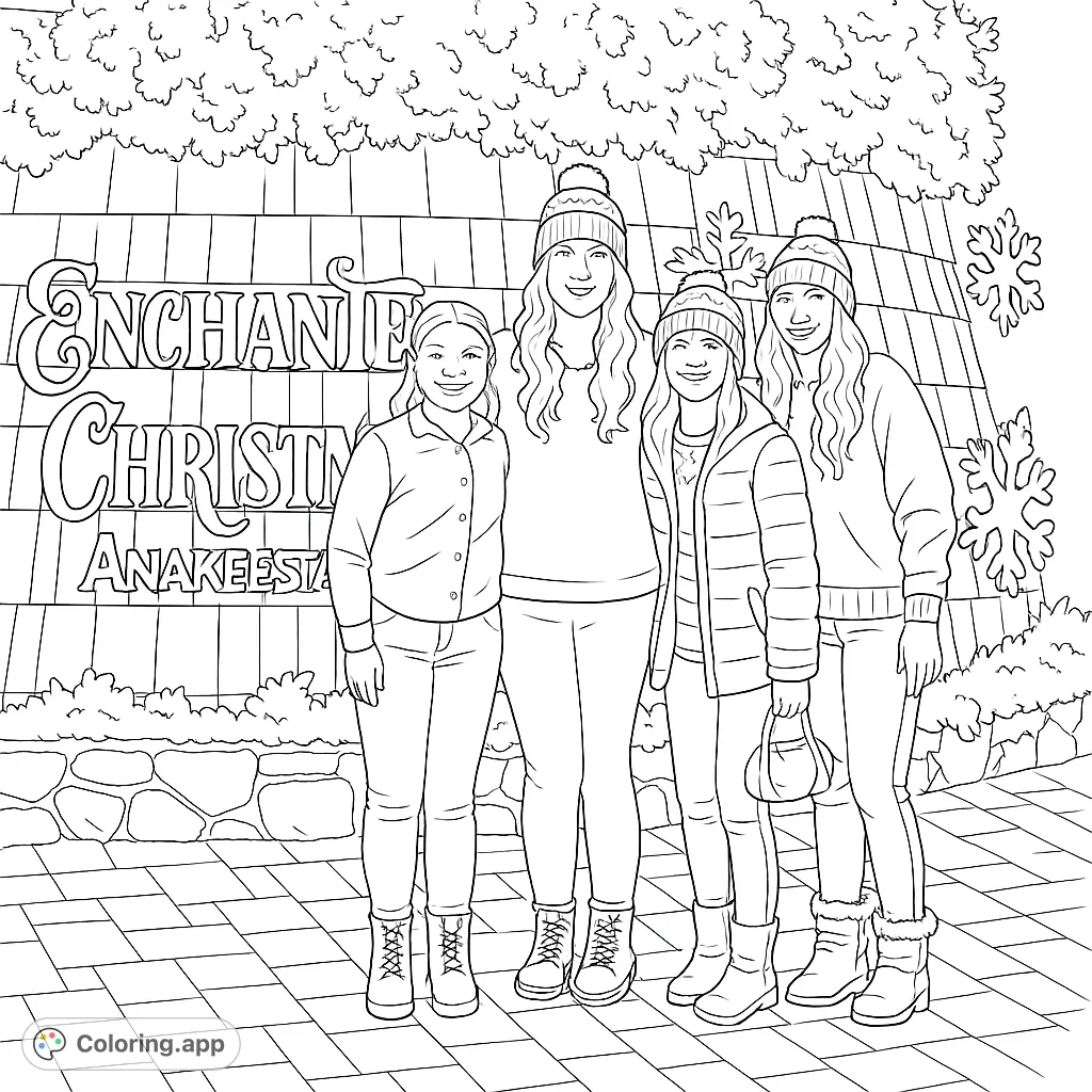 A family of four, including an adult and three girls, stands cheerfully before a festive 'Enchant Christmas Anakeesta' sign with evergreen foliage and snowflakes.