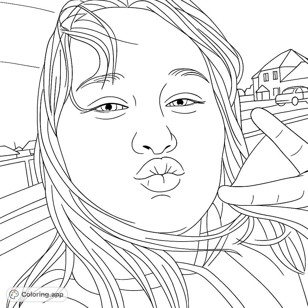 A charming portrait of a young person making a kissing face and a peace sign, set against a subtle outdoor background, perfect for creative coloring.
