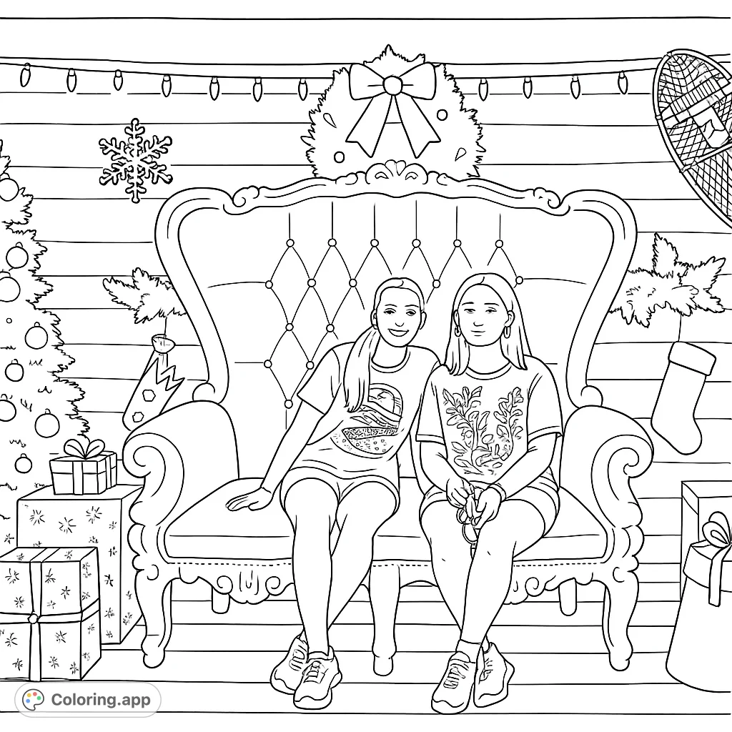 A charming festive scene featuring two young individuals seated on an ornate throne amidst holiday decorations, perfect for a cozy coloring experience.