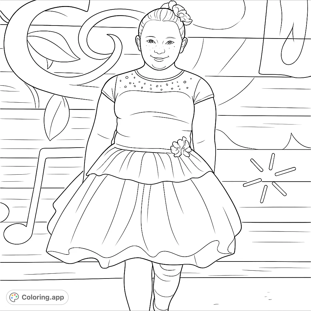 Capture the joy of a young dancer in a delightful costume against a vibrant mural. This charming coloring page is perfect for creative expression.