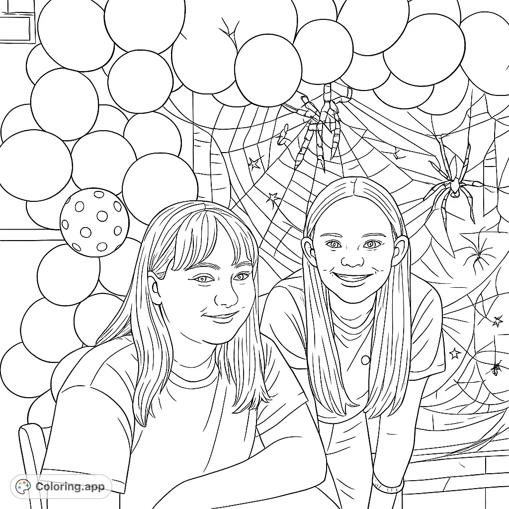 Two young individuals enjoy a festive Halloween celebration, surrounded by decorative balloons and spooky web patterns. A fun, detailed page.