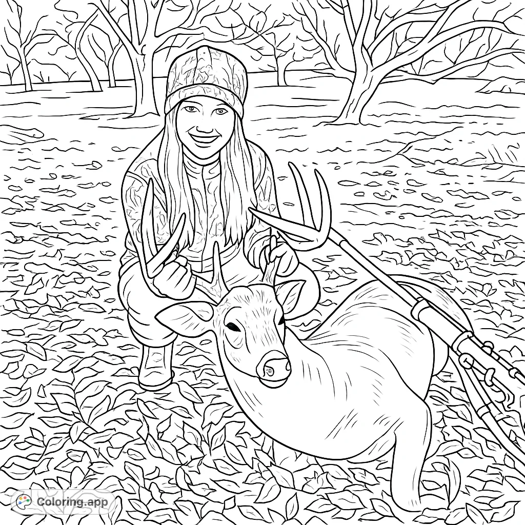 A rewarding hunting scene featuring a young hunter posing proudly with a harvested deer. Ideal for outdoor enthusiasts to bring to life with their creativity.