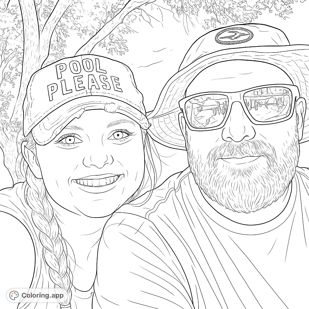 A cheerful woman in a cap and a bearded man in a hat and sunglasses, sharing a happy outdoor moment under a bright sky.