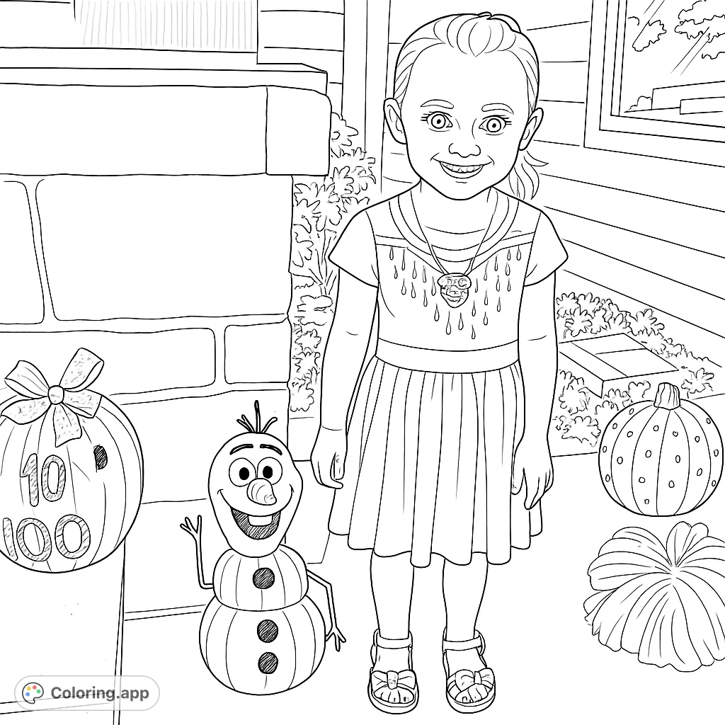 A joyful girl in a princess dress stands among charmingly decorated pumpkins, including a whimsical snowman character. A delightful festive scene.