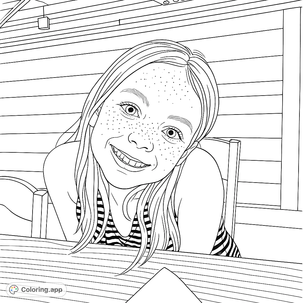 Capture the cheerful spirit of a smiling girl with freckles and striped attire, leaning happily at a table, ready to be brought to life with your colors.