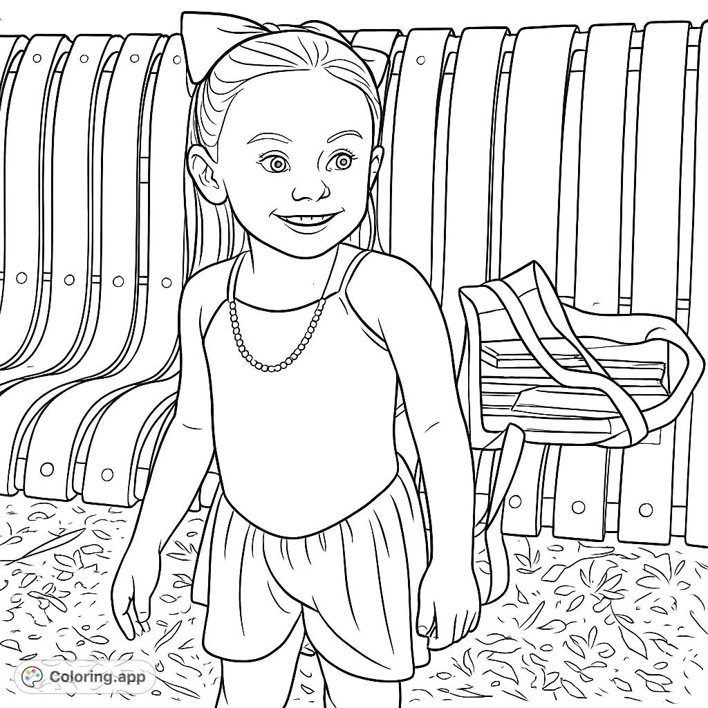 A cheerful young girl stands by a park bench, adorned with a large hair bow and a long necklace, ready for a fun coloring adventure.
