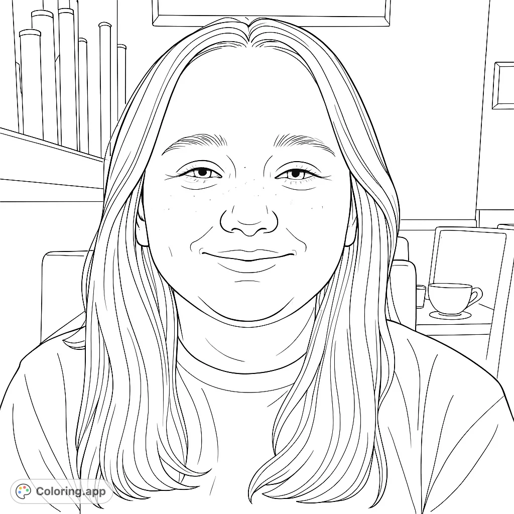 Capture a cheerful moment with this free printable portrait coloring page. A young individual with long, flowing hair smiles gently, perfect for creative expression.