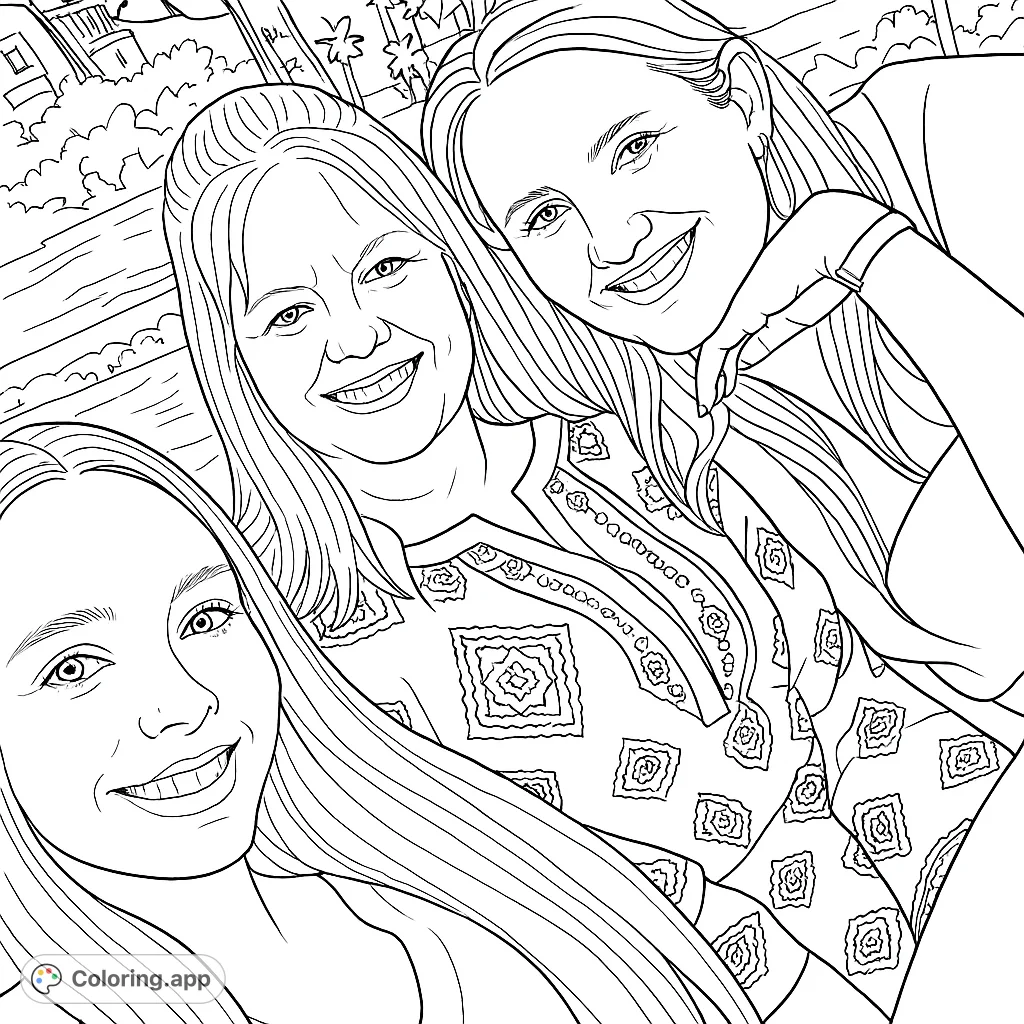 Capture joy with this smiling women portrait coloring page. Features three happy faces, detailed hair, and intricate patterned clothing against an abstract background.