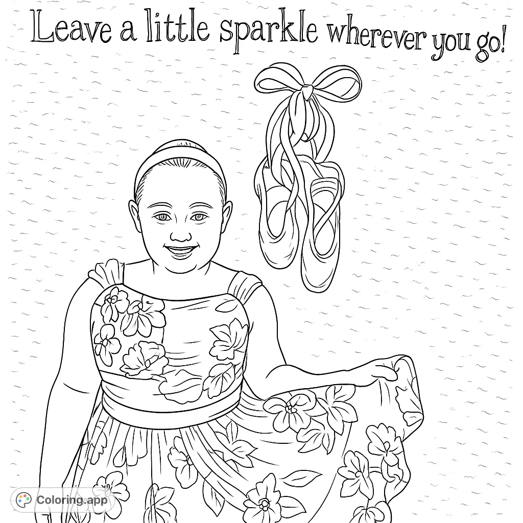 A charming girl in a floral dress, standing proudly beside whimsical ballet shoes and an uplifting message. A delightful scene for creative expression.