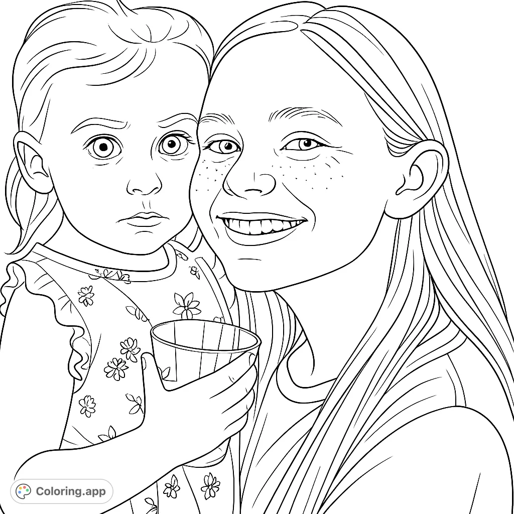 Capture the bond between two sisters in this delightful portrait coloring page. Features a smiling older sister embracing her wide-eyed younger sibling, perfect for family fun.