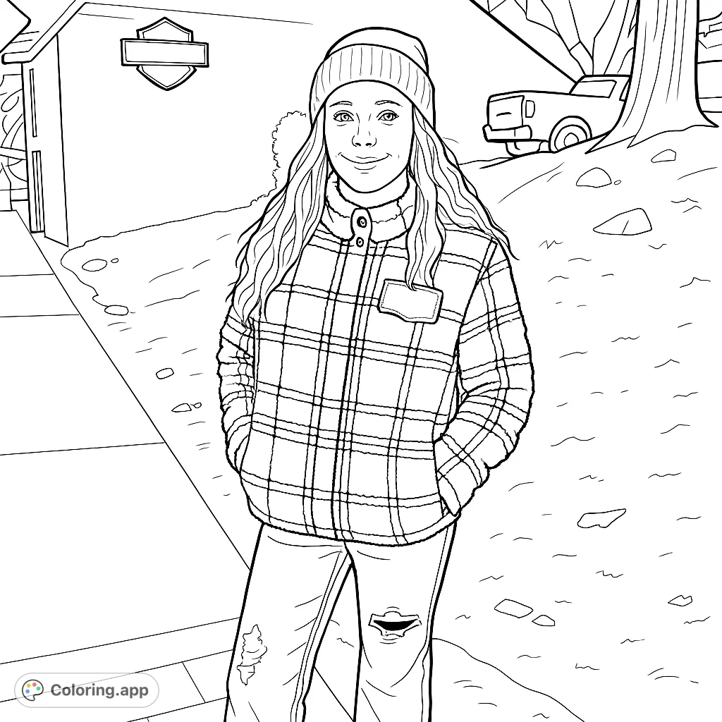 A trendy young woman in a plaid pullover and distressed jeans smiles in an urban setting. Perfect for fashion enthusiasts and detailed coloring.