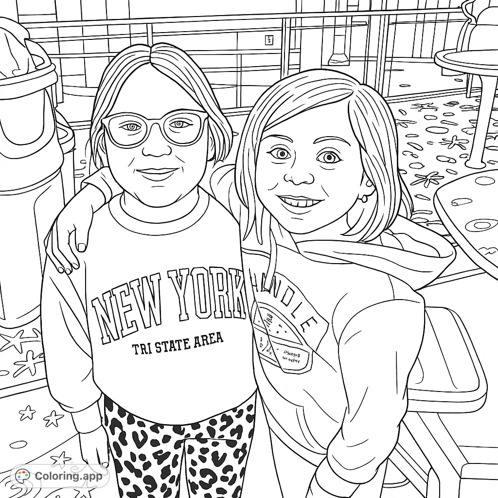 Two friends stand together in a vibrant arcade setting, with one wearing glasses and a patterned top, ready for a fun coloring adventure.