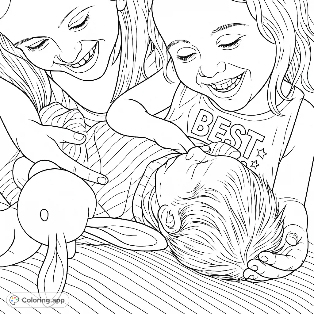 Heartwarming scene of two siblings gently interacting with a newborn, a joyful family moment perfect for creative coloring.