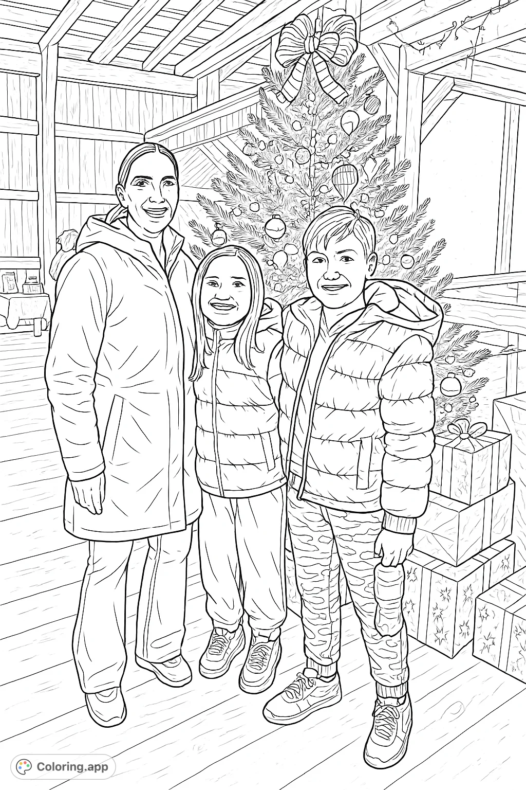 Capture festive joy with this family by the Christmas tree coloring page. Features a mother, daughter, and son, surrounded by presents and holiday decor.