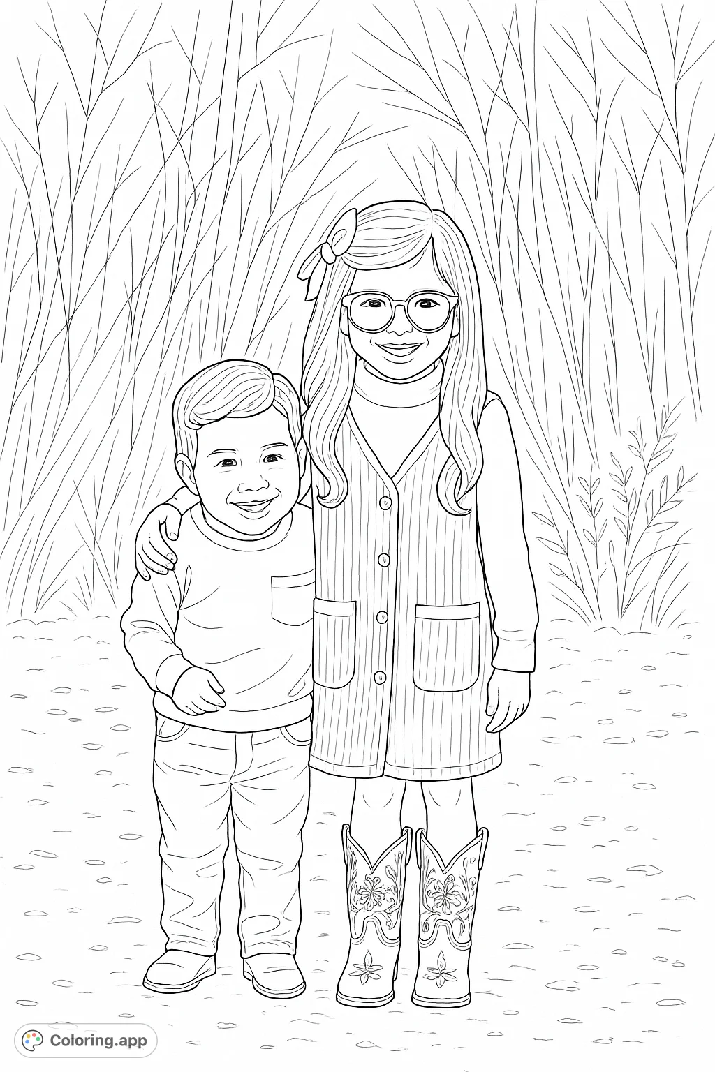 A heartwarming coloring page featuring two smiling children, a girl and a boy, standing together outdoors with detailed clothing and a natural background.
