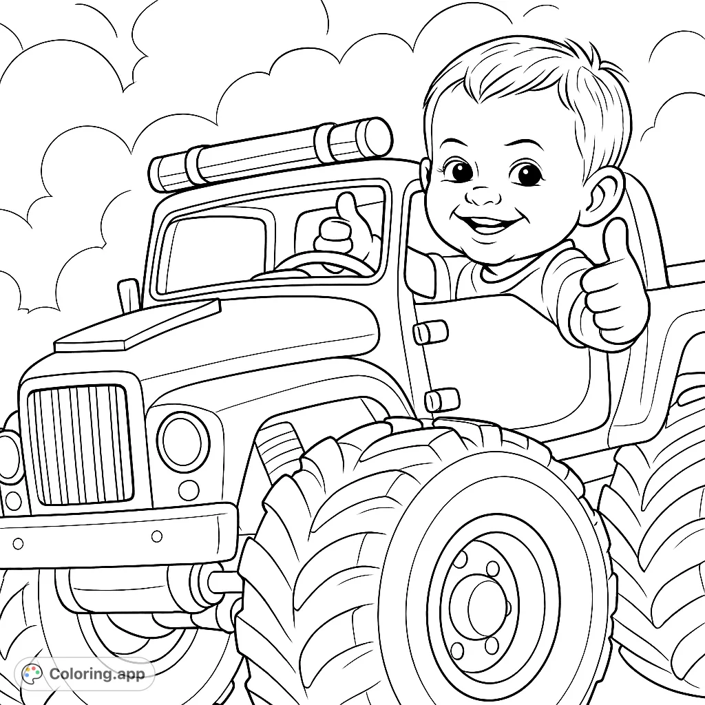 Join a happy boy on an exciting off-road adventure! This monster truck coloring page features a smiling child giving a thumbs-up from his powerful vehicle.