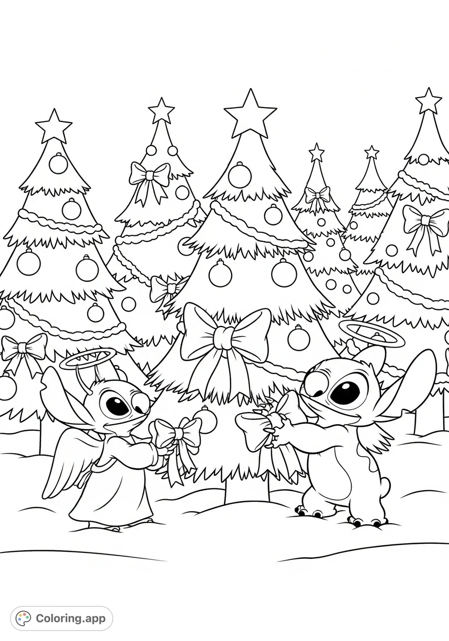 Join Stitch and Angel in a heartwarming Christmas tree decorating adventure! A free printable coloring page perfect for holiday fun and creativity.
