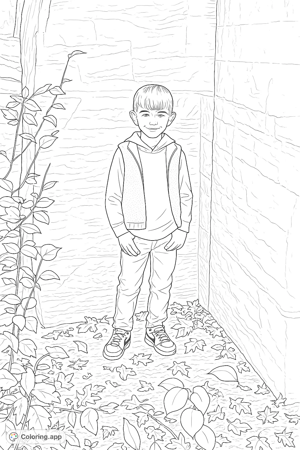 A cheerful boy poses against a rustic stone wall, surrounded by fallen leaves and natural foliage, perfect for an engaging autumn boy coloring page.