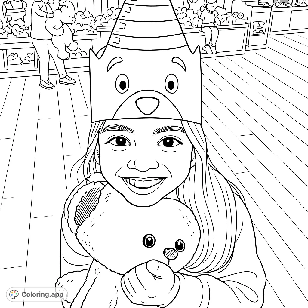 A delightful coloring page featuring a smiling girl wearing a charming bear party hat and hugging a plush teddy bear, set in a cheerful store environment.