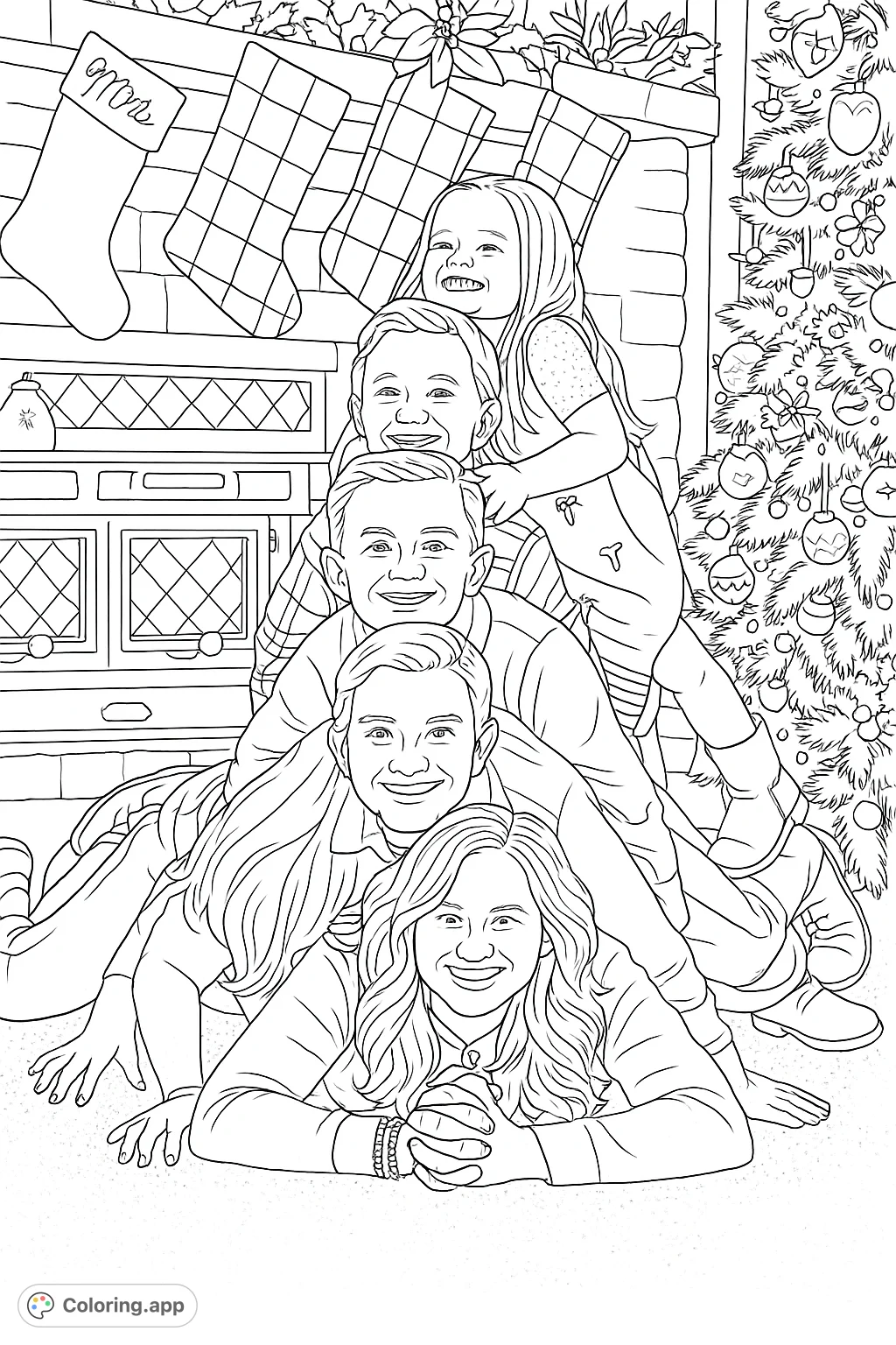 Capture a heartwarming family moment with this intricate holiday coloring page. Six smiling individuals in a playful stack, set against a festive fireplace and decorated tree.