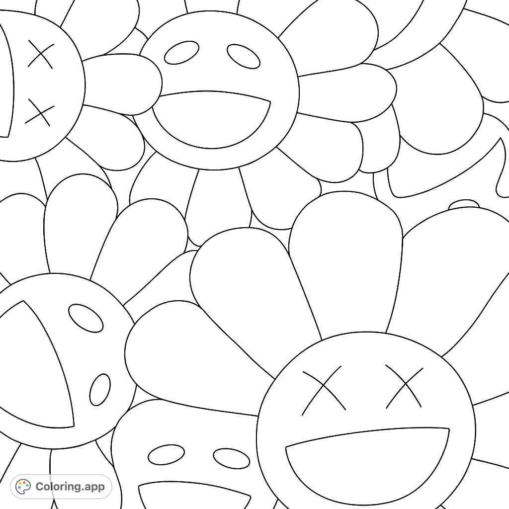 Dive into a cheerful world with this smiling flowers coloring page! A delightful, repeating pattern of whimsical blossoms with happy and X-eyed faces awaits your creative touch.