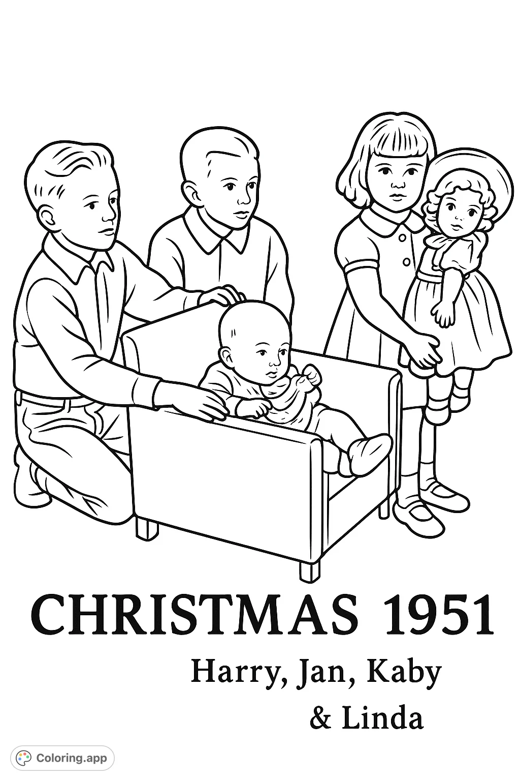 Capture a heartwarming holiday moment with four children, including a baby in an armchair and a girl holding a doll. A nostalgic scene perfect for coloring.