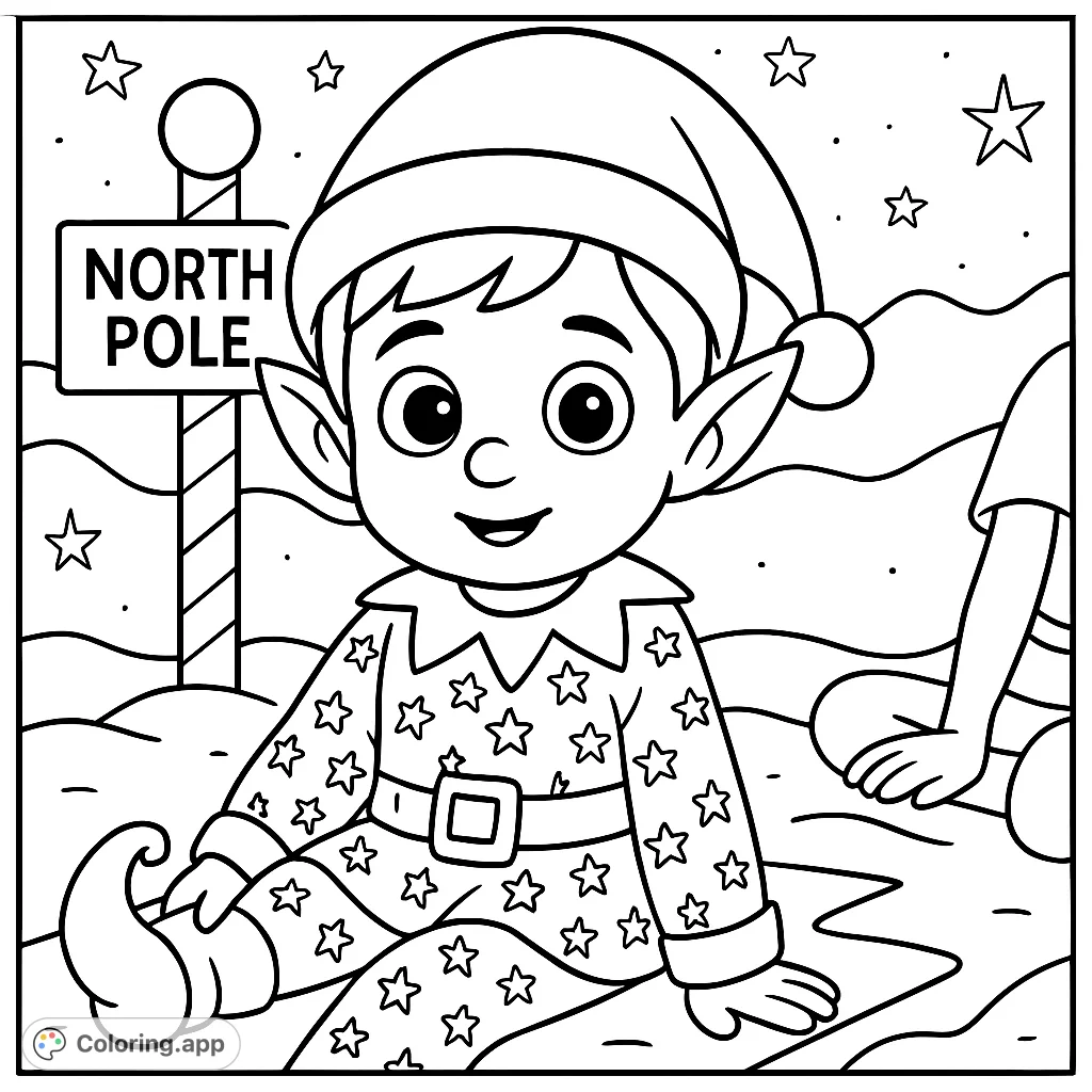 A cute cartoony baby elf, dressed in festive attire with elf ears and a hat, sits on a cozy couch amidst a whimsical North Pole setting. Perfect for holiday cheer!